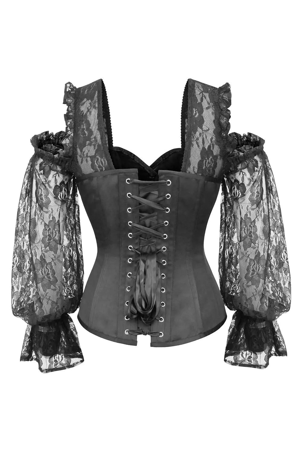 Natoya Overbust Korsett aus Satin mit Spitzenärmeln – dramatische Eleganz und eine geformte Silhouette