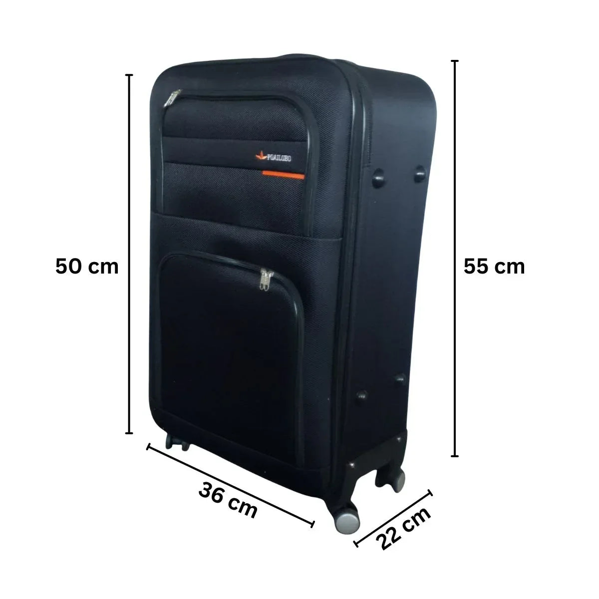 Troler voiaj, Mic, Naimeed, 4 roti duble 360 grade, material textil, inchidere cifru, Negru, 36x22x55cm