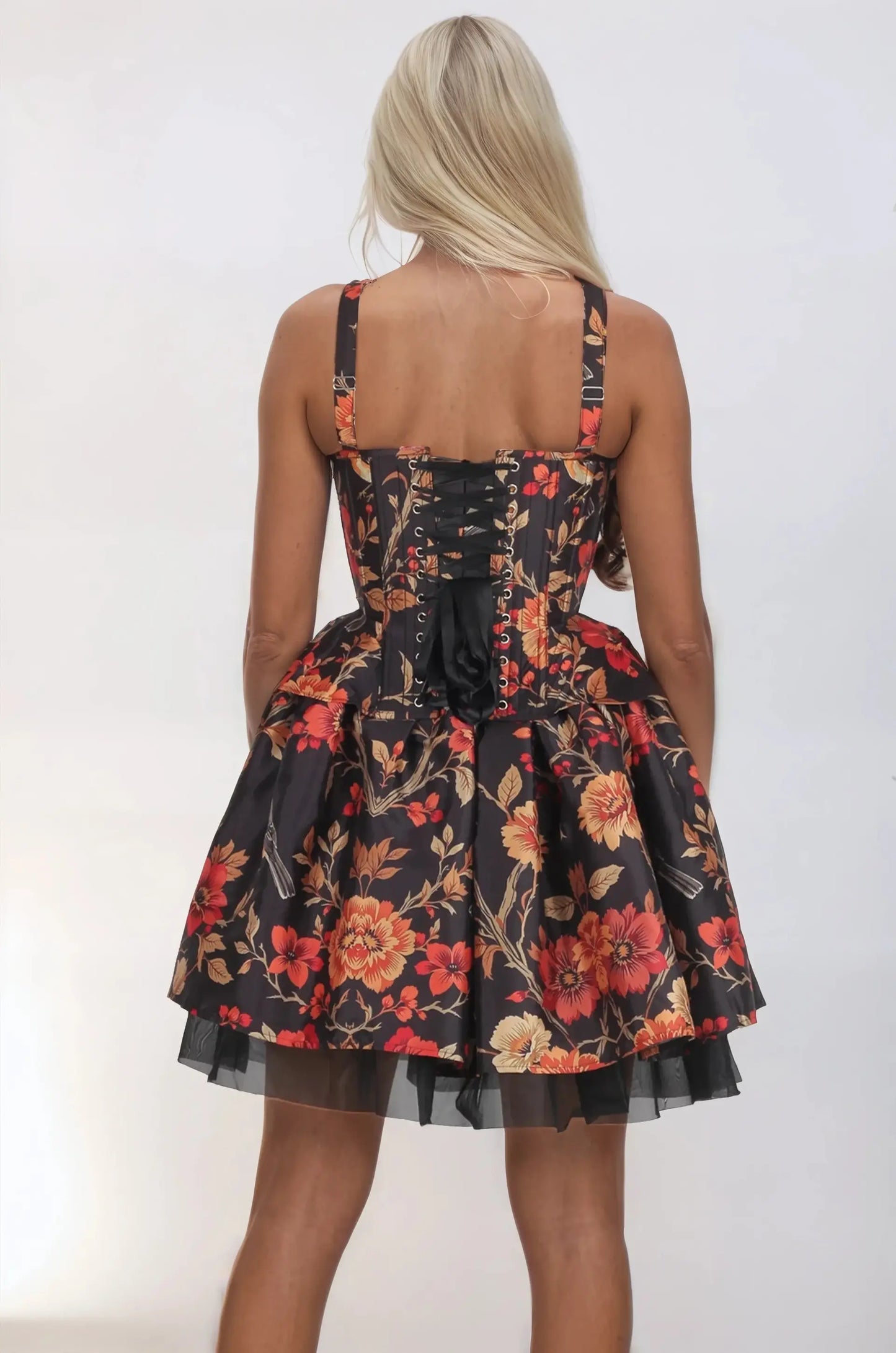 Set corset și fustă floral Minda din tafta neagră