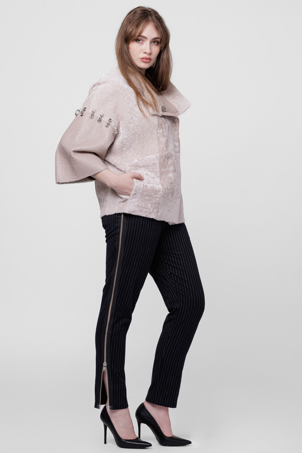 Poncho din Piele si Blană Naturală Shearling, Femei, Pearl