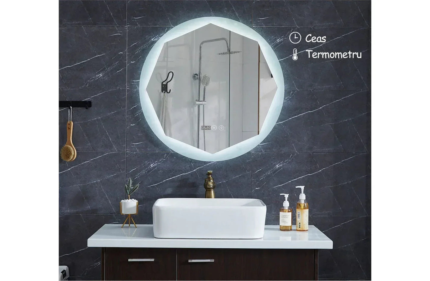 Oglinda de baie cu iluminare Led, Diametru 78.5cm, Ceas, Termometru