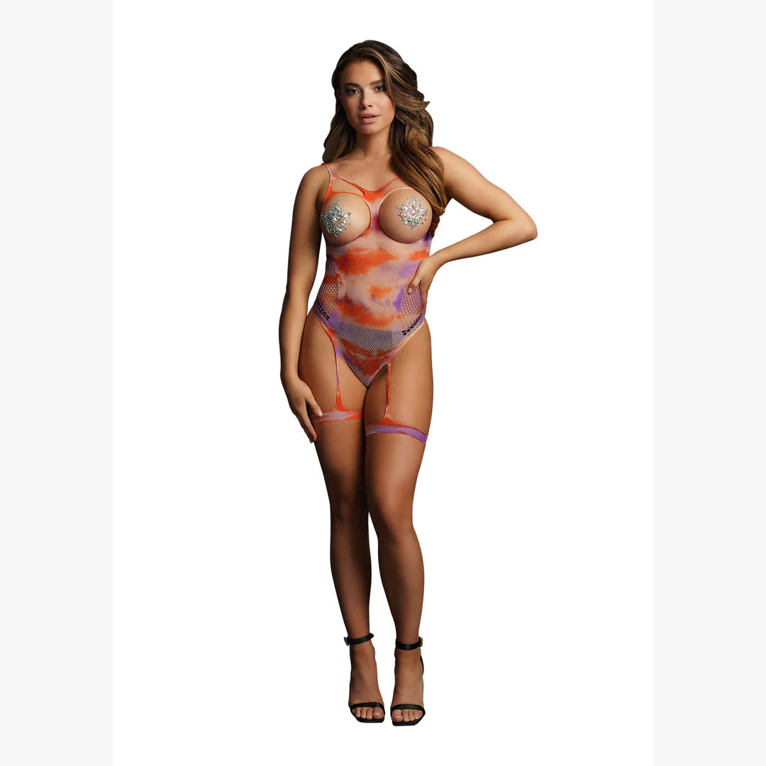 Body Sexy Open-Cup Tie Dye Le Désir cu Portjartier și Stickere Strălucitoare – Multicolor One Size