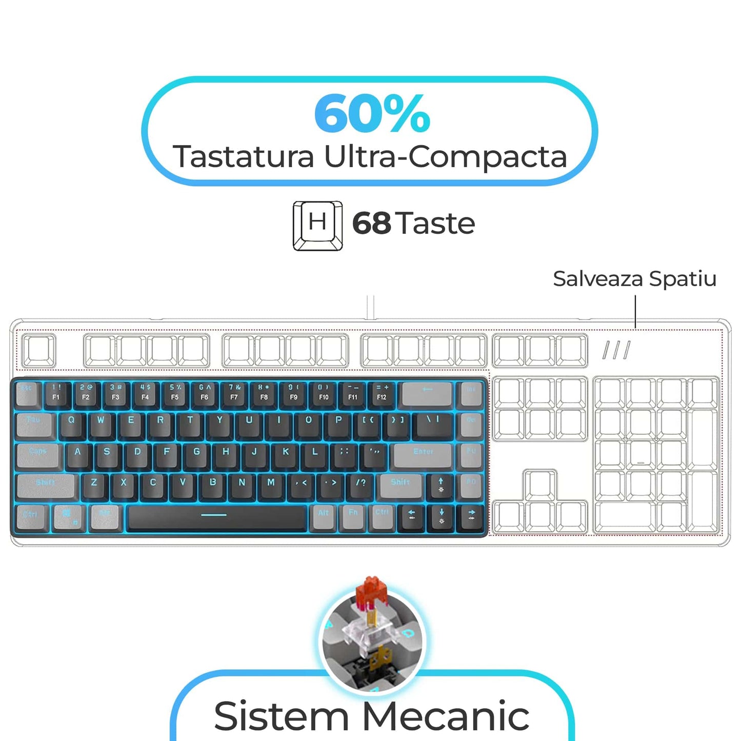 Tastatura Mecanica Gaming Timebox, Red Swtich, 60%, Lumini LED, Negru Gri