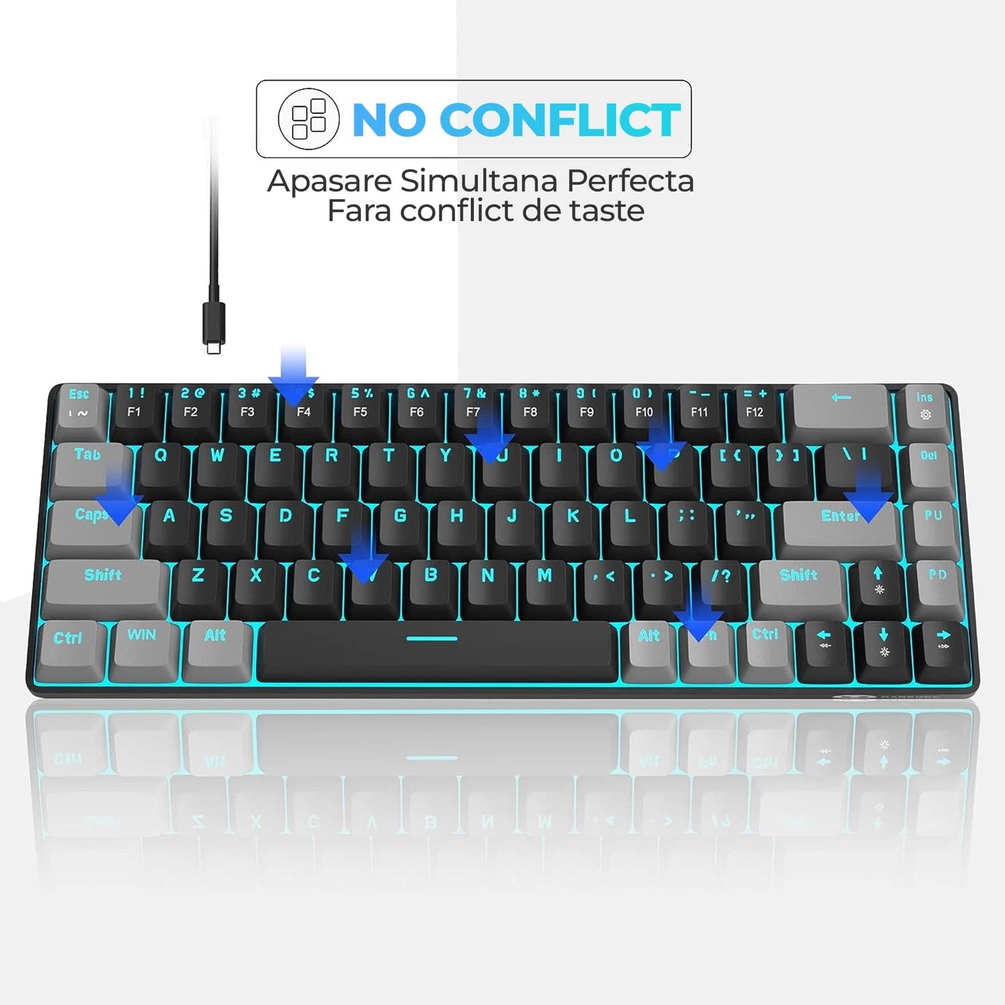 Tastatura Mecanica Gaming Timebox, Red Swtich, 60%, Lumini LED, Negru Gri