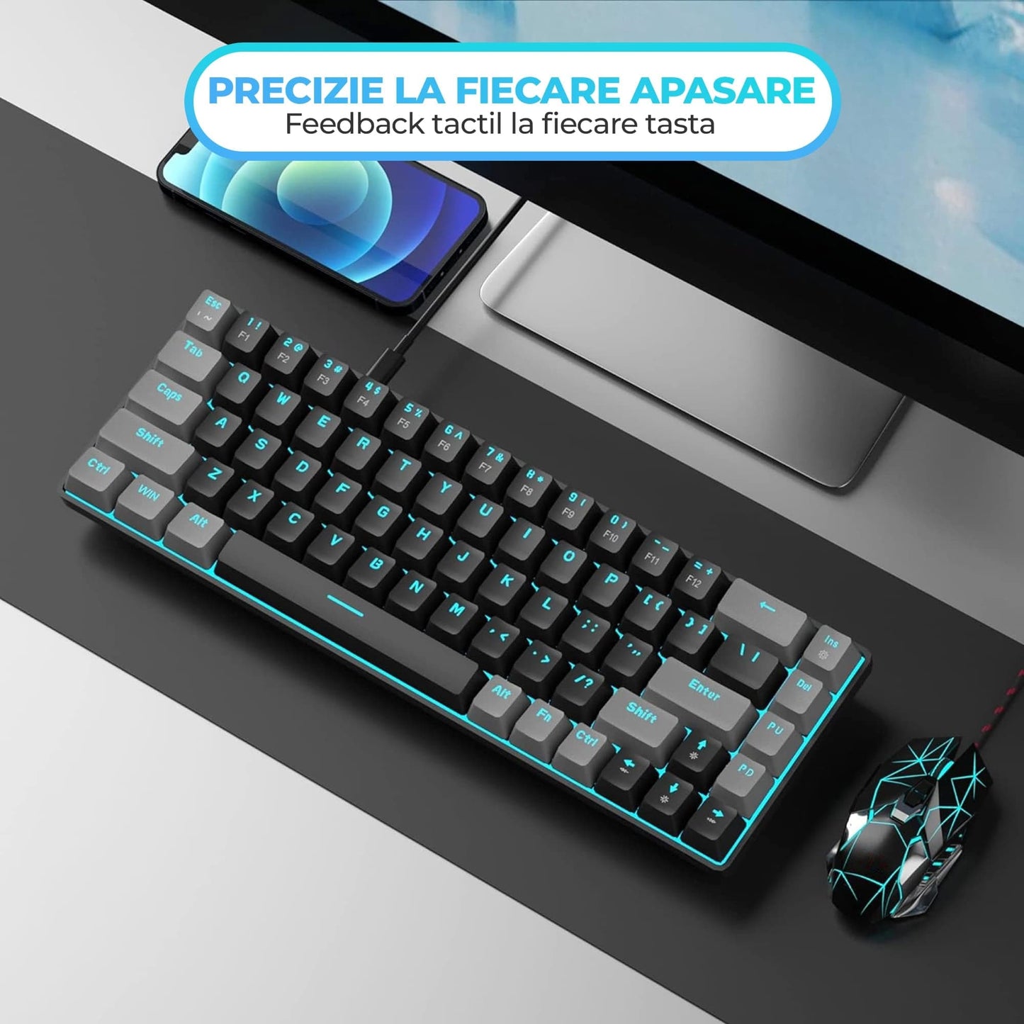 Tastatura Mecanica Gaming Timebox, Red Swtich, 60%, Lumini LED, Negru Gri