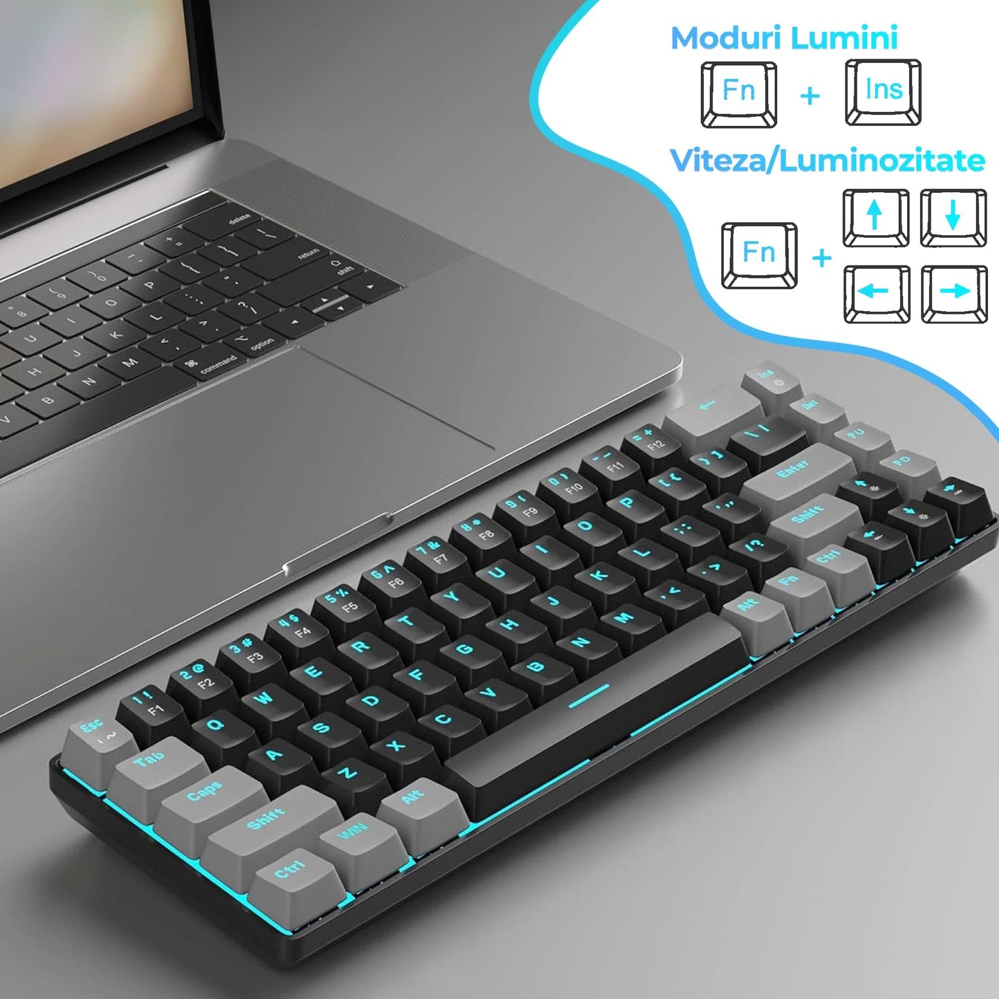 Tastatura Mecanica Gaming Timebox, Red Swtich, 60%, Lumini LED, Negru Gri