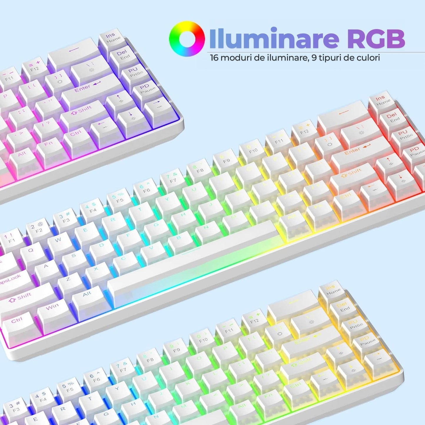 Tastatura Mecanica Gaming Timebox, Red Swtich, 60%, iluminare RGB, Alb