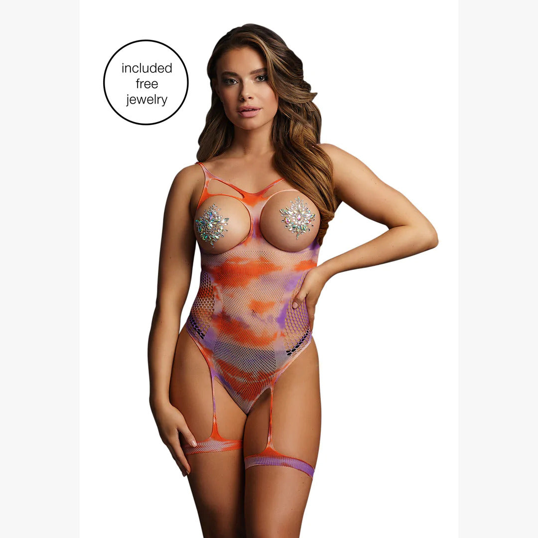 Body Sexy Open-Cup Tie Dye Le Désir cu Portjartier și Stickere Strălucitoare – Multicolor One Size