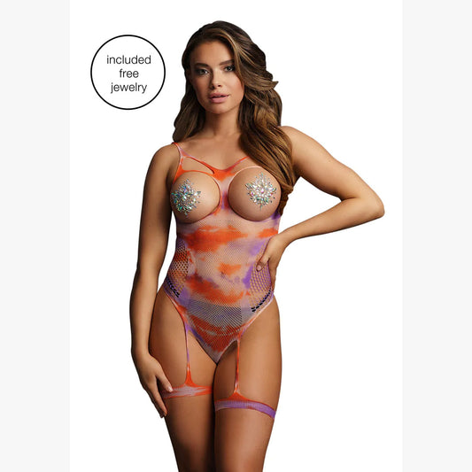 Body Sexy Open-Cup Tie Dye Le Désir cu Portjartier și Stickere Strălucitoare – Multicolor One Size