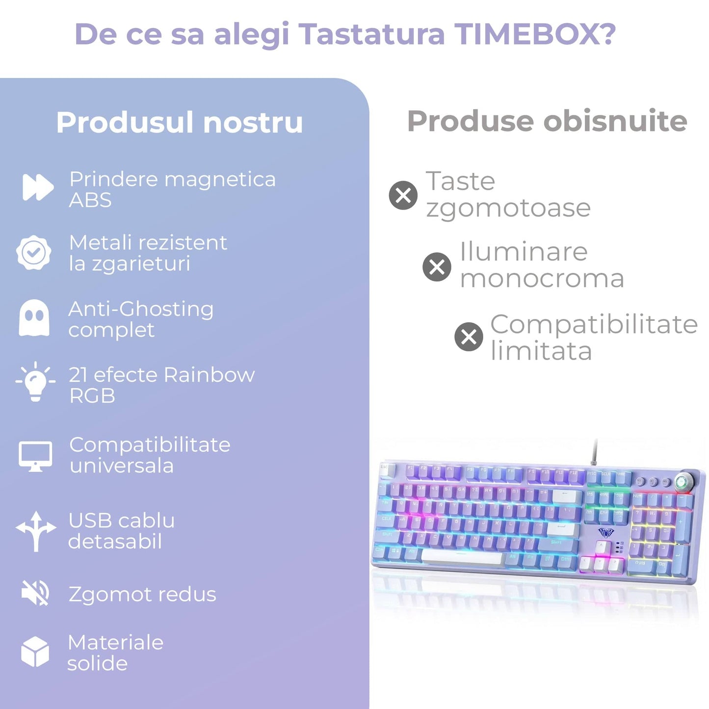 Tastatura Mecanica Gaming 104 Taste Timebox, Switch Albastru, Violet