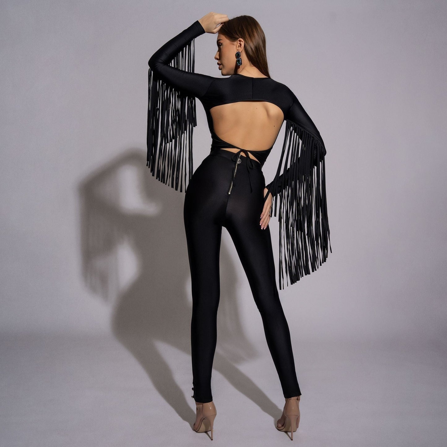 Bluza dama neagra modelatoare cu spate gol si franjuri