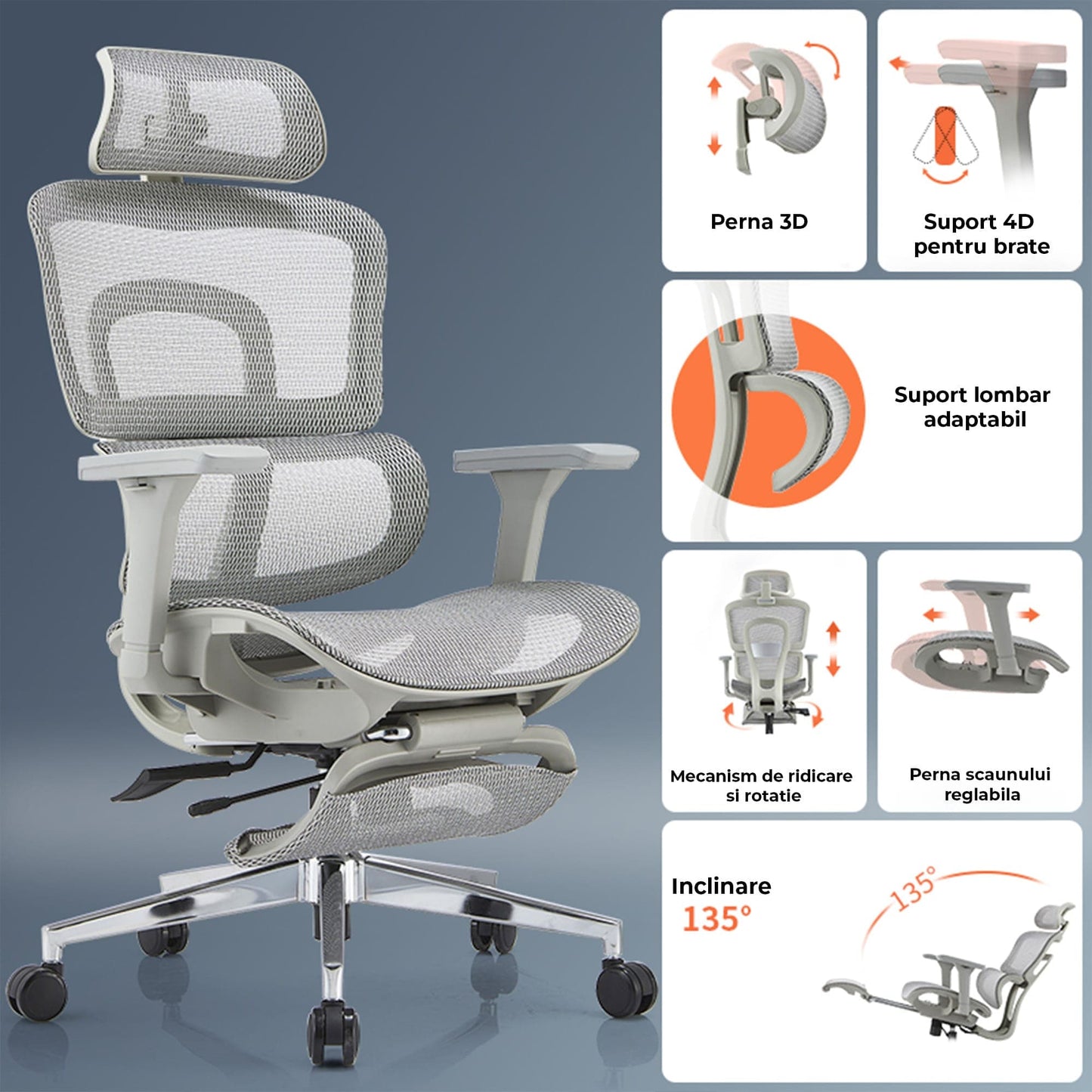 Scaun ergonomic Timebox, Cotiere 4D, pana la 150 kg, 150°, Gri