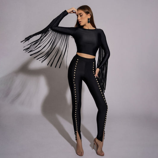 Bluza dama neagra modelatoare cu spate gol si franjuri