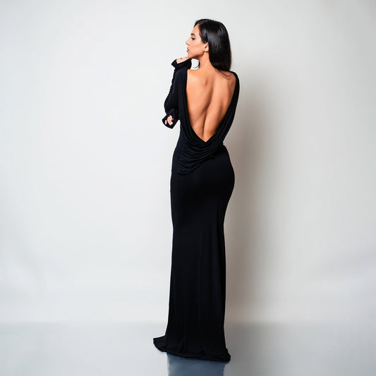 Langes schwarzes Cocktailkleid aus Baumwolle mit offenem Rücken und Drapierungen Luna