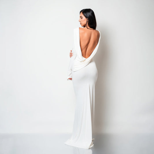 Langes weißes Cocktailkleid aus Baumwolle mit offenem Rücken und Drapierungen Luna