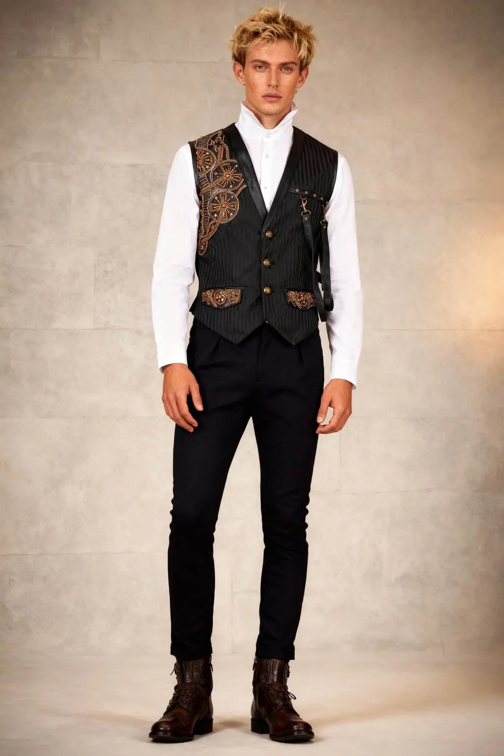 Klaus Steampunk Embroidered Vesta Bărbați – Waist Coat Negru