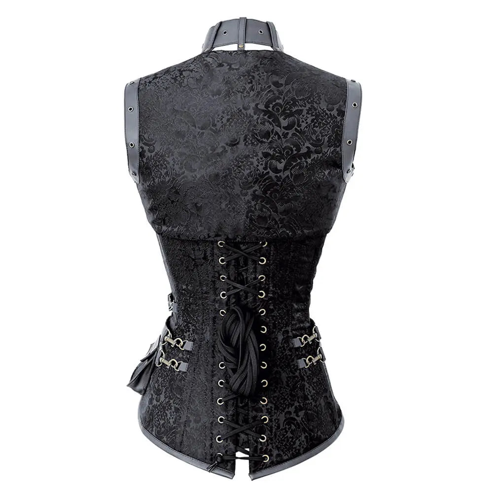 Corset Steampunk Overbust Renata din Brocart Negru cu Shrug