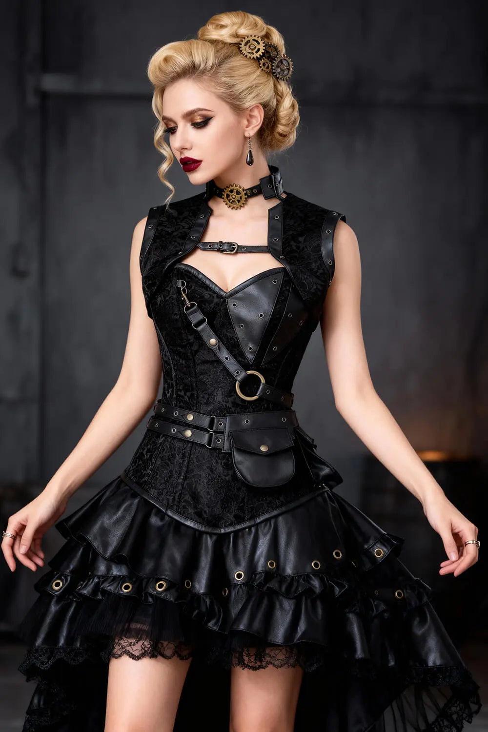 Corset Steampunk Overbust Renata din Brocart Negru cu Shrug