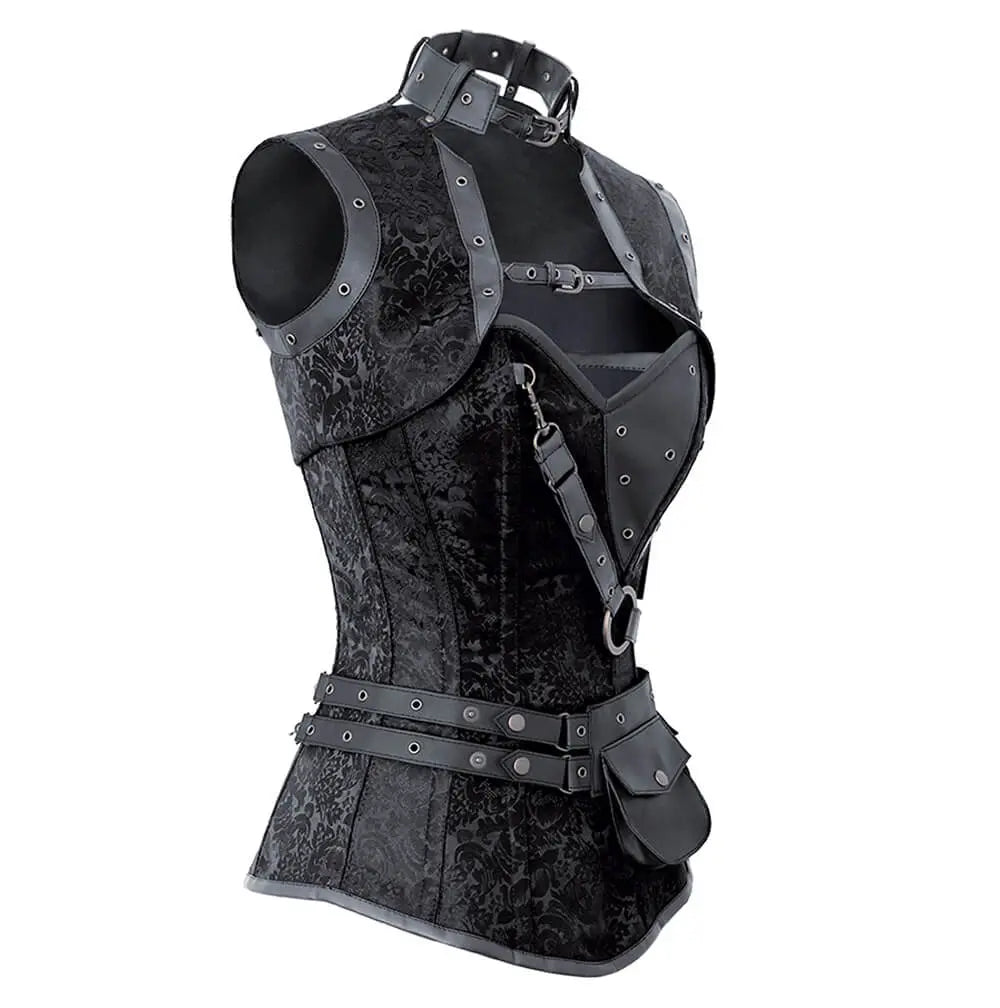 Corset Steampunk Overbust Renata din Brocart Negru cu Shrug