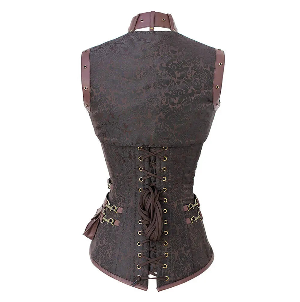 Corset Steampunk Overbust Alexa din Brocart Maro cu Shrug
