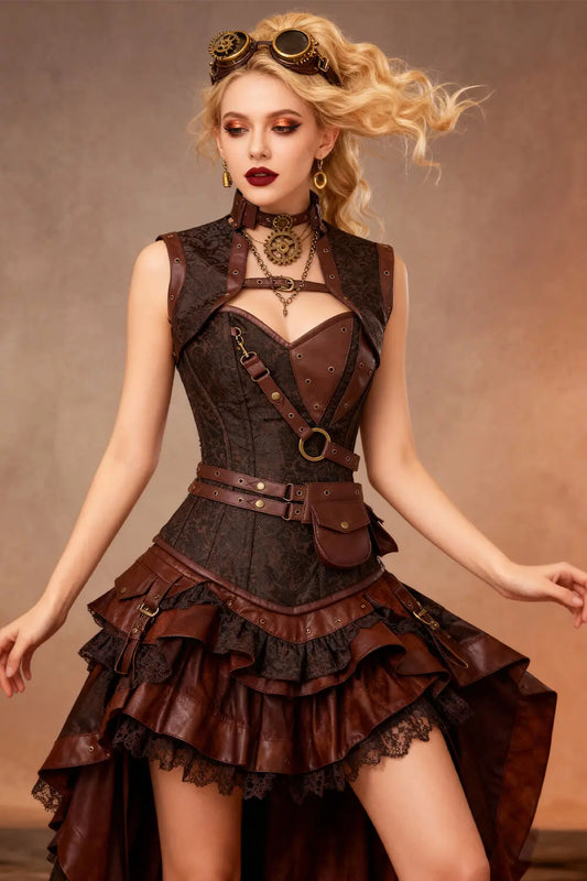 Corset Steampunk Overbust Alexa din Brocart Maro cu Shrug