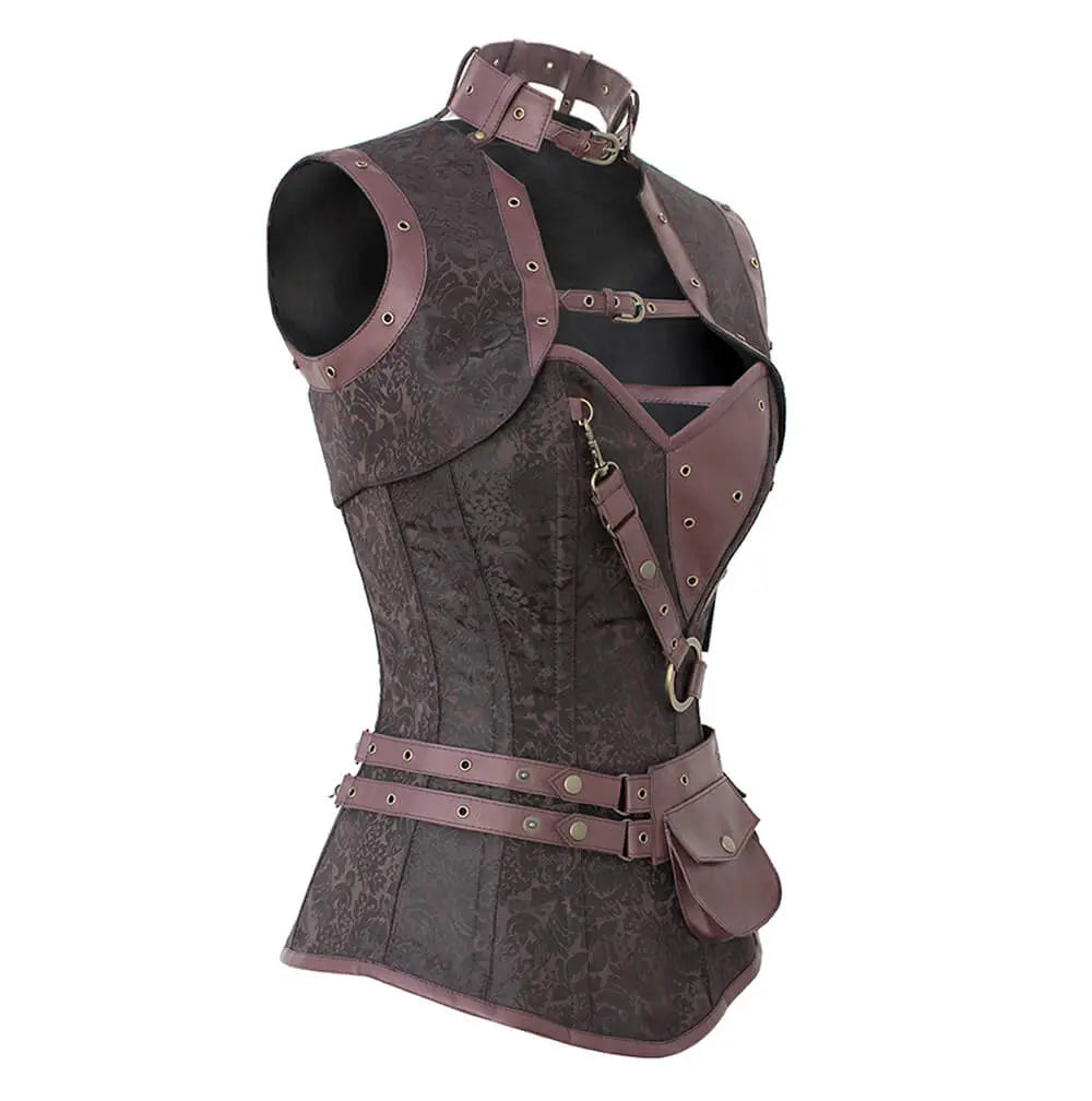 Corset Steampunk Overbust Alexa din Brocart Maro cu Shrug