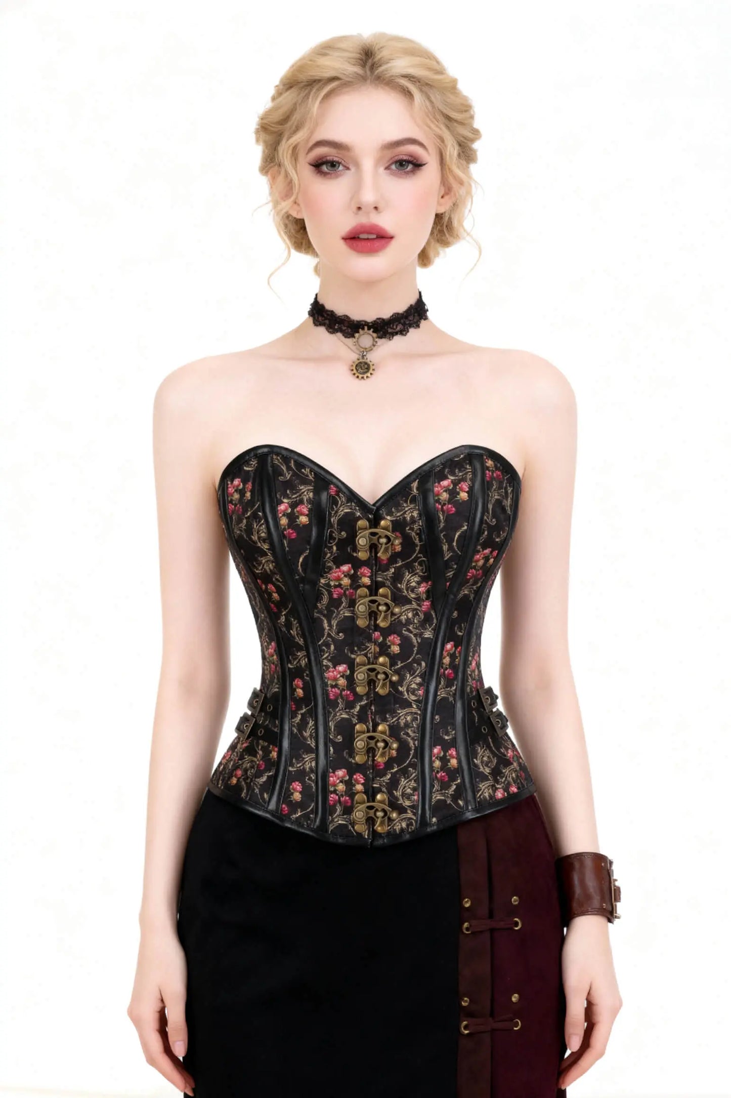 Corset Sabryn Golden Scrollwork Floral Overbust – Stil Steampunk cu Accente Baroc