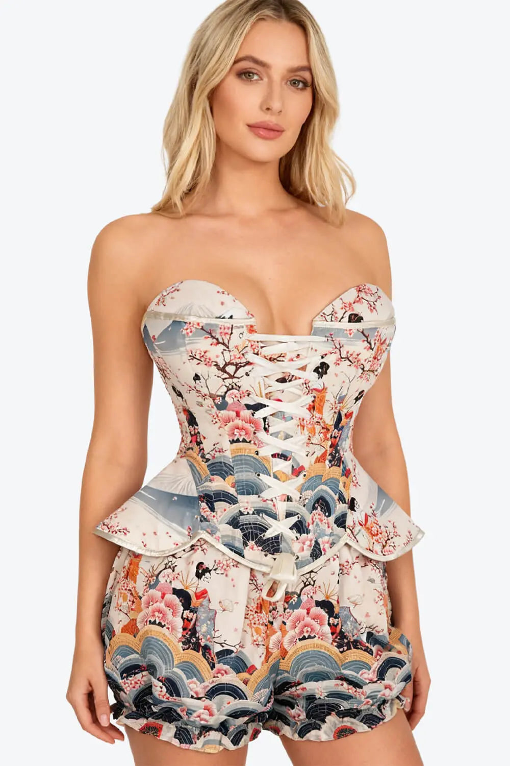 Chelsei Oriental Geisha Blossom Korsett und Puff-Shorts Set