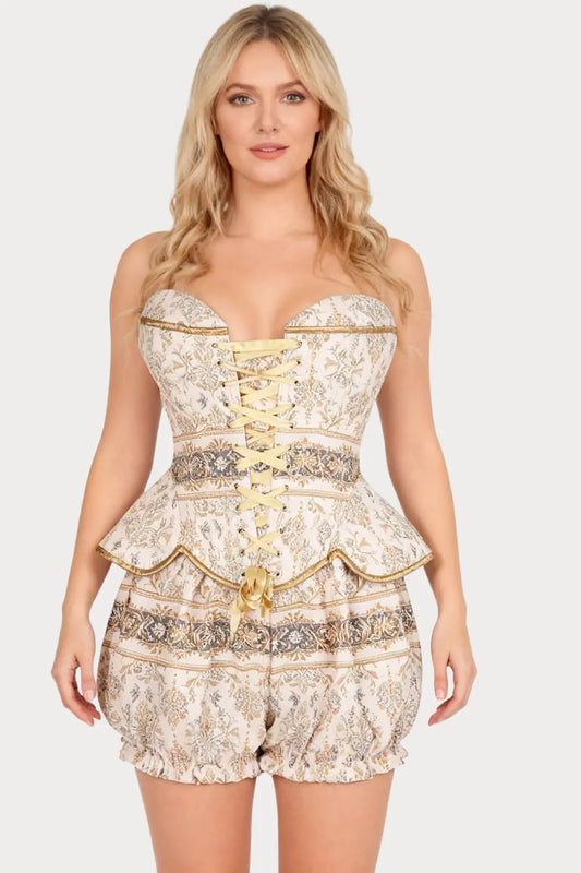 Whitnie Vintage Barock Damast Korsett und Puff-Shorts Set