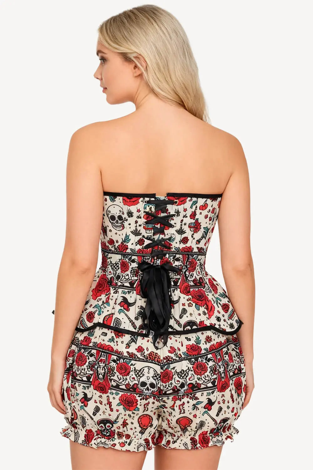Tawnie Tattoo Rockabilly Skull și Rose Corset și Pantaloni Scurți Bufanți Set