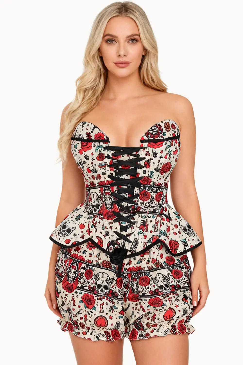 Tawnie Tattoo Rockabilly Skull și Rose Corset și Pantaloni Scurți Bufanți Set