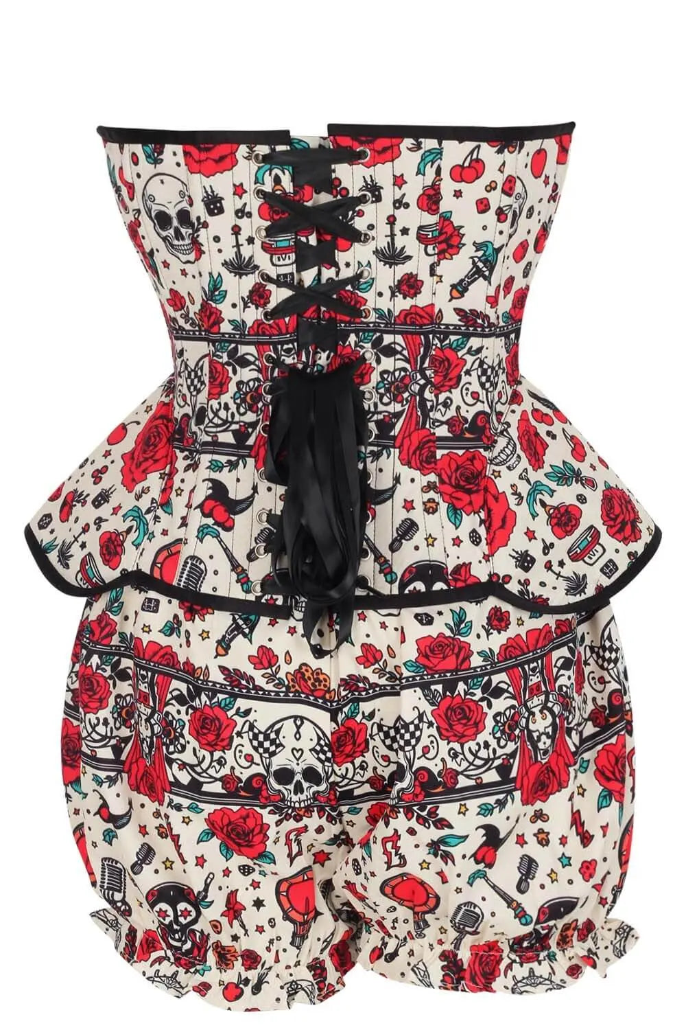 Tawnie Tattoo Rockabilly Skull și Rose Corset și Pantaloni Scurți Bufanți Set