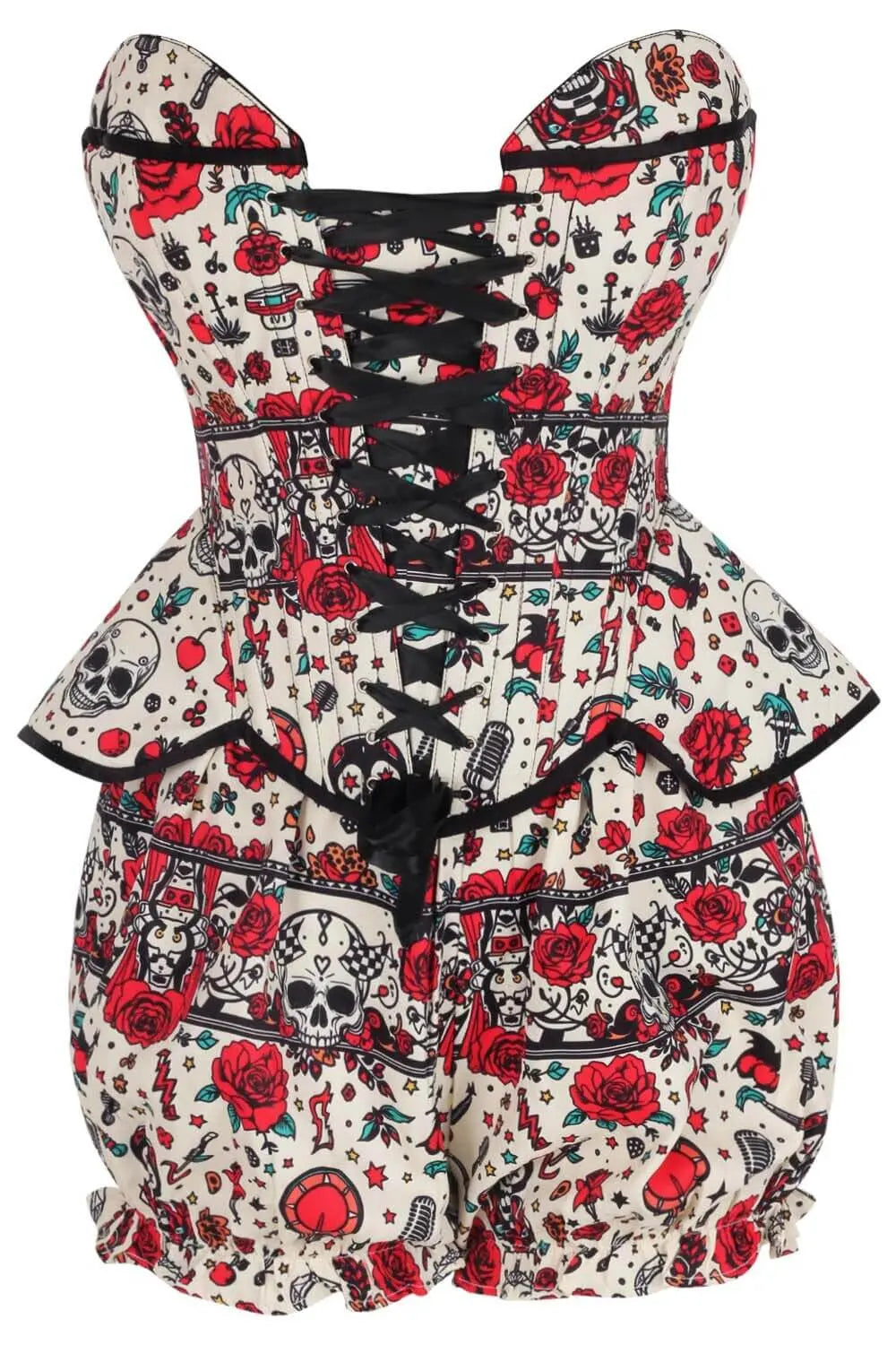 Tawnie Tattoo Rockabilly Skull și Rose Corset și Pantaloni Scurți Bufanți Set
