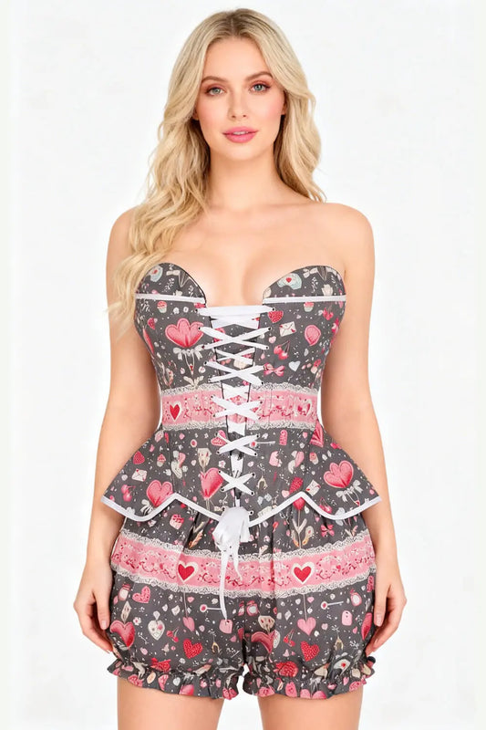Markisha Sweetheart Vintage-Herzen Korsett und bauschige Shorts Set