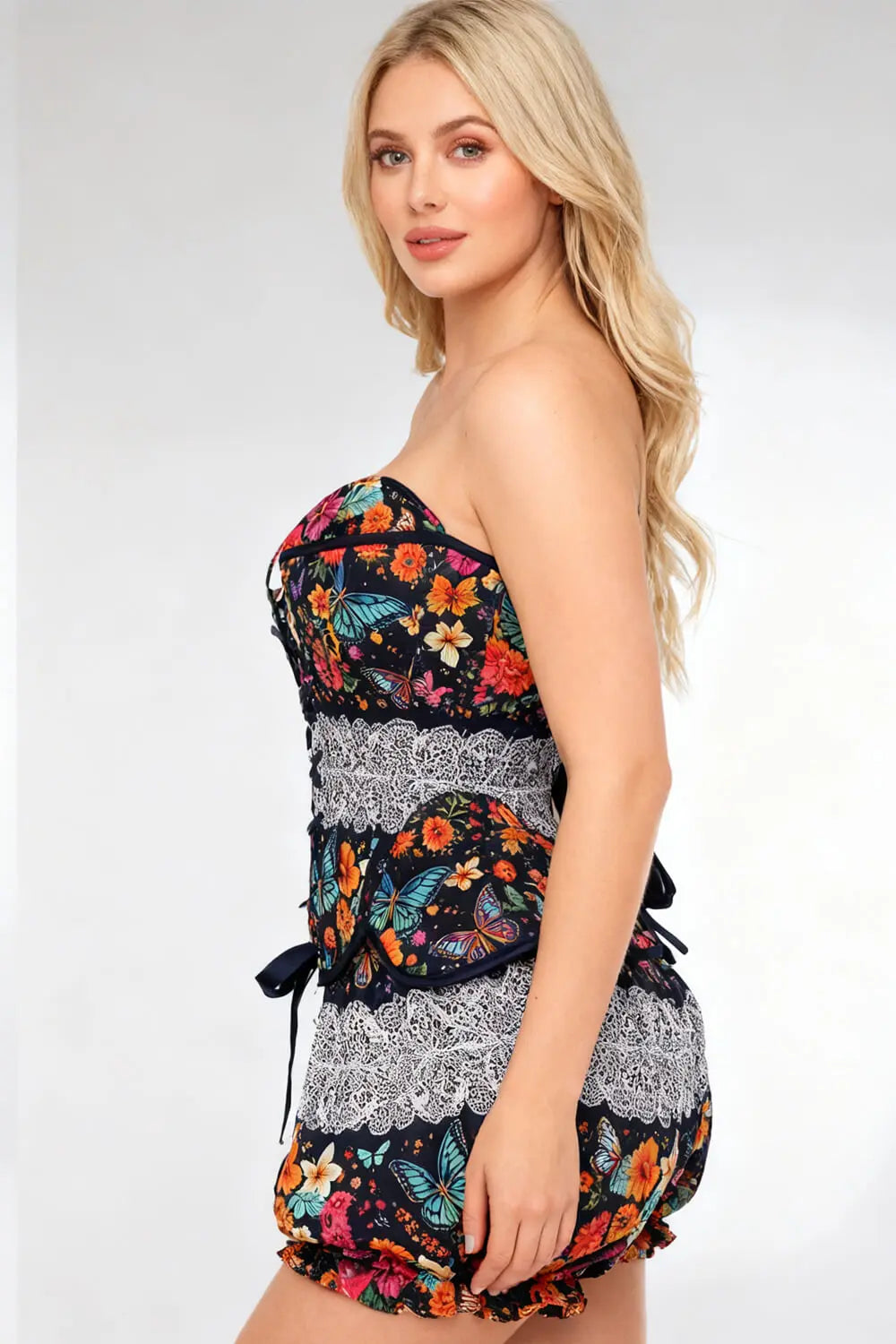 Averill Midnight Butterfly Garden Corset și Pantaloni Scurți Bufanți Set