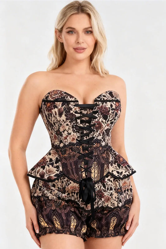 Tempie Antikes Garten-Gothic-Korsett- und Puffshorts-Set