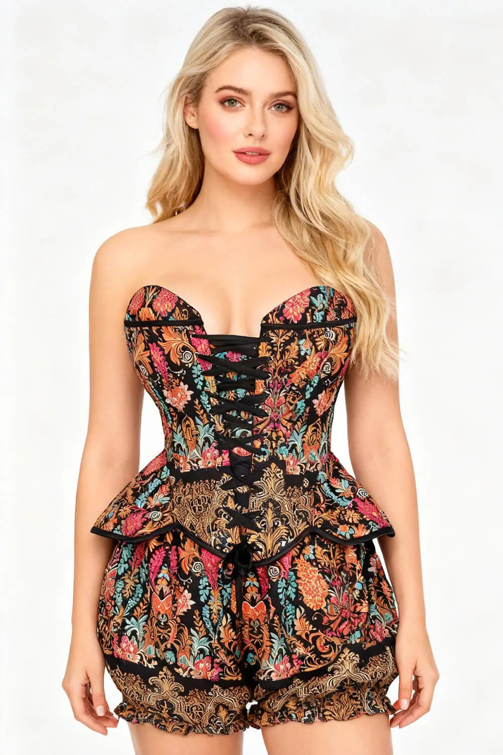 Jazette Bohemian Baroque Geblümtes Korsett und Puff-Shorts Set