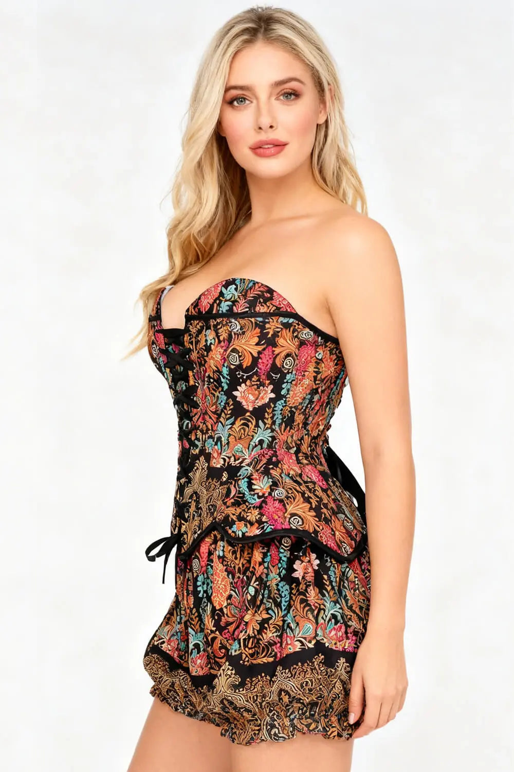 Jazette Bohemian Baroque Geblümtes Korsett und Puff-Shorts Set