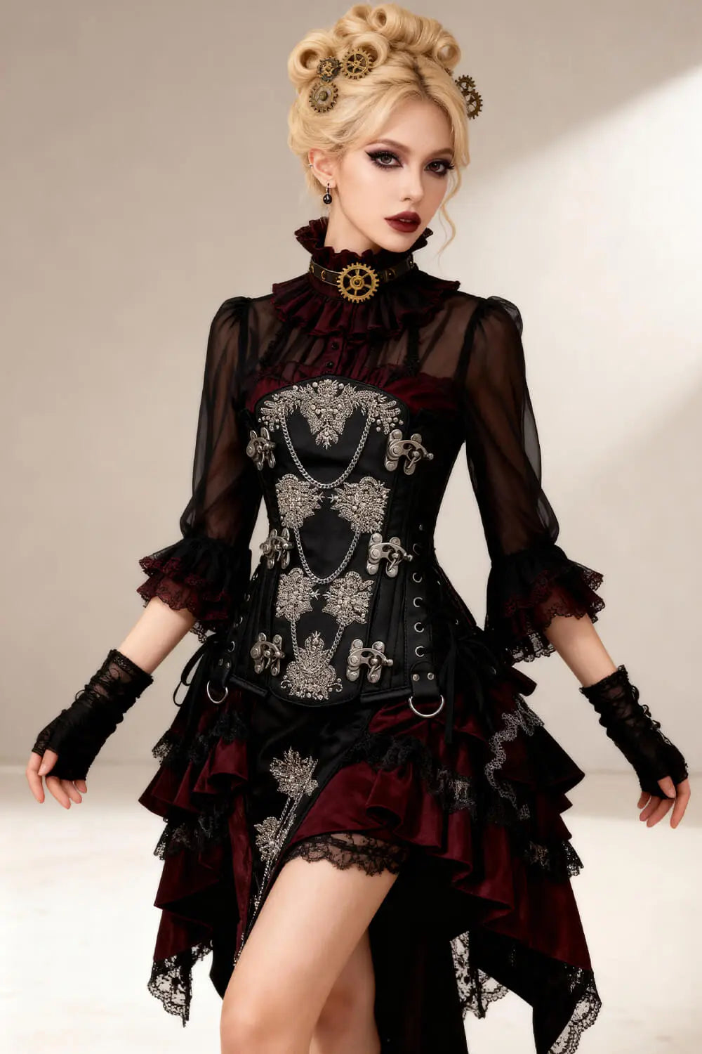 Steampunk Heidi Underbust Korsett aus Kunstleder mit Stickerei und Ketten