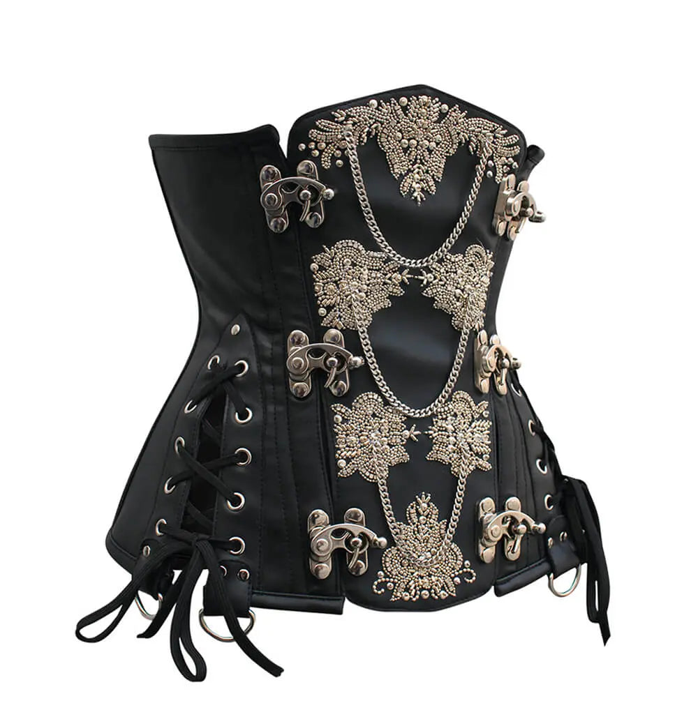 Steampunk Heidi Underbust Korsett aus Kunstleder mit Stickerei und Ketten