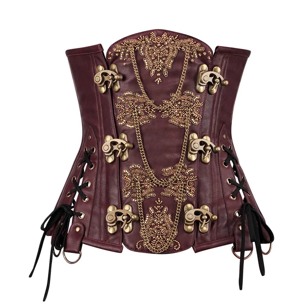 Steampunk Heidi Underbust Korsett aus Kunstleder mit Stickerei und Ketten