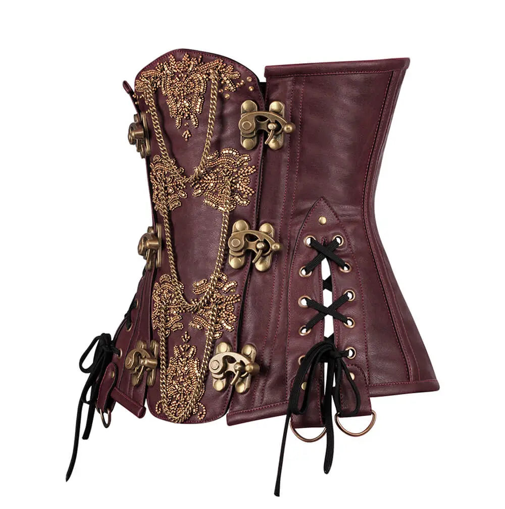 Steampunk Heidi Underbust Korsett aus Kunstleder mit Stickerei und Ketten