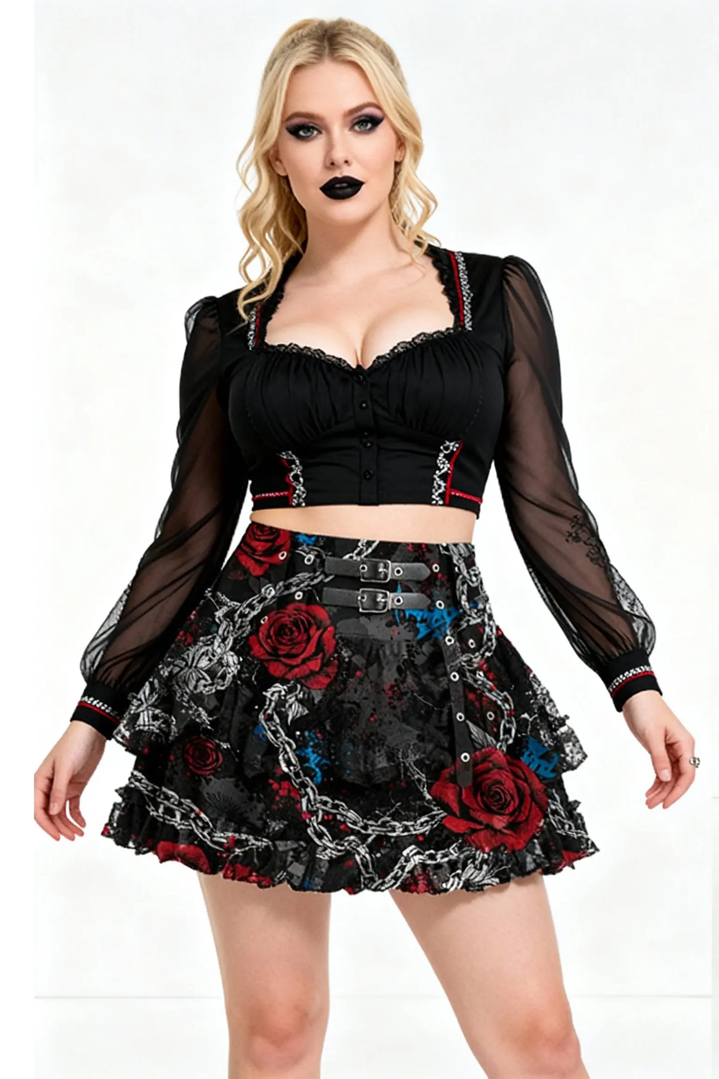 Mini spódniczka „Ginna Baroque Gothic Inspired” – Satynowa mini spódniczka z barokowym nadrukiem i falbankami