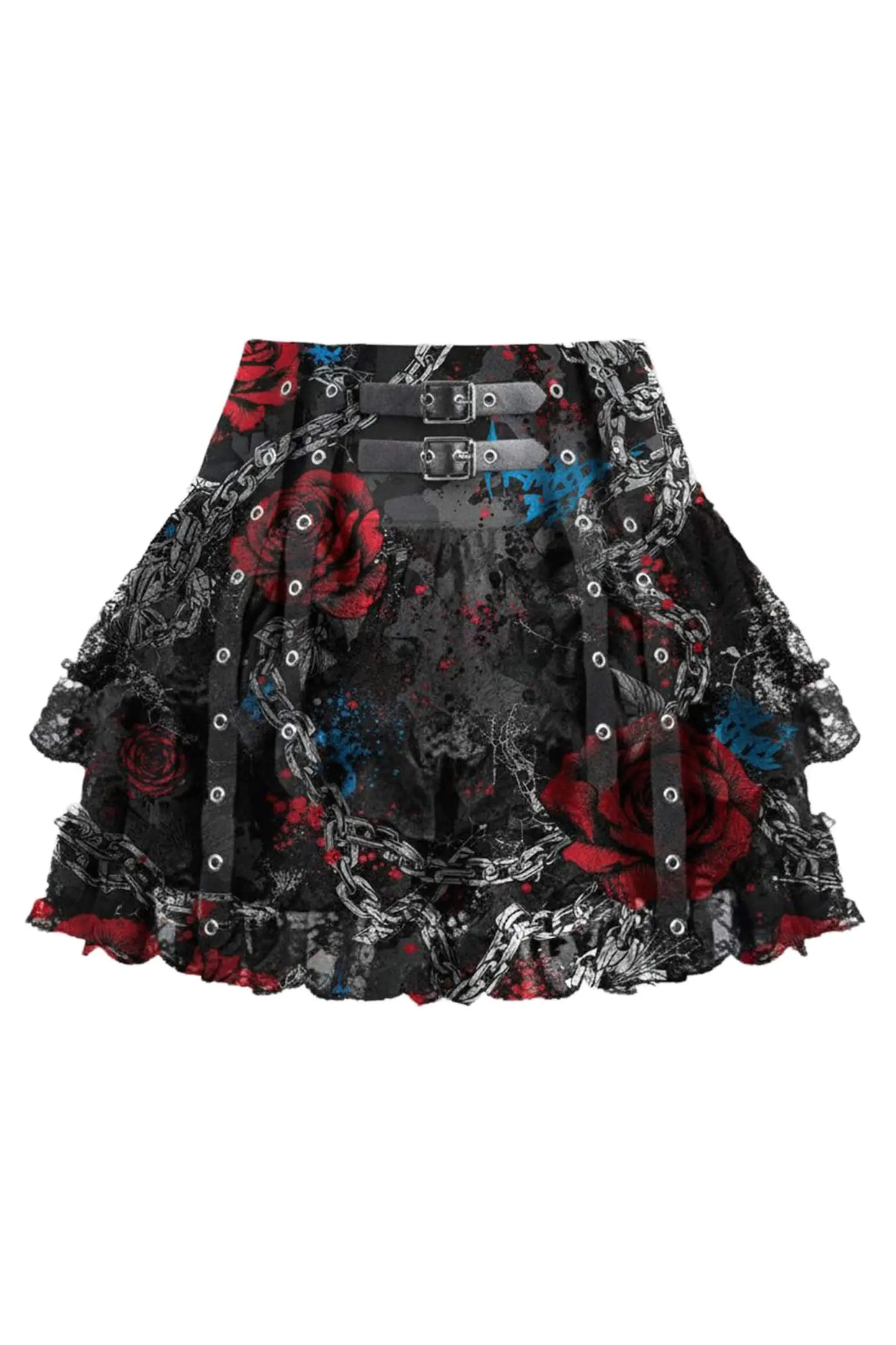 Mini spódniczka „Ginna Baroque Gothic Inspired” – Satynowa mini spódniczka z barokowym nadrukiem i falbankami