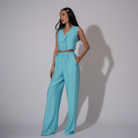 Compleu din in cu vesta si pantaloni lungi drepti Bluey