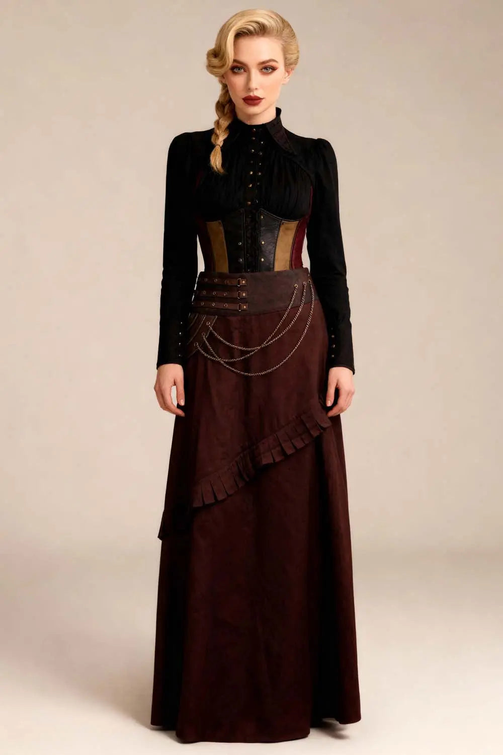 Maritza Brown Cotton Steampunk Skirt – Spódnica bawełniana w kształcie litery A z ozdobnymi łańcuchami