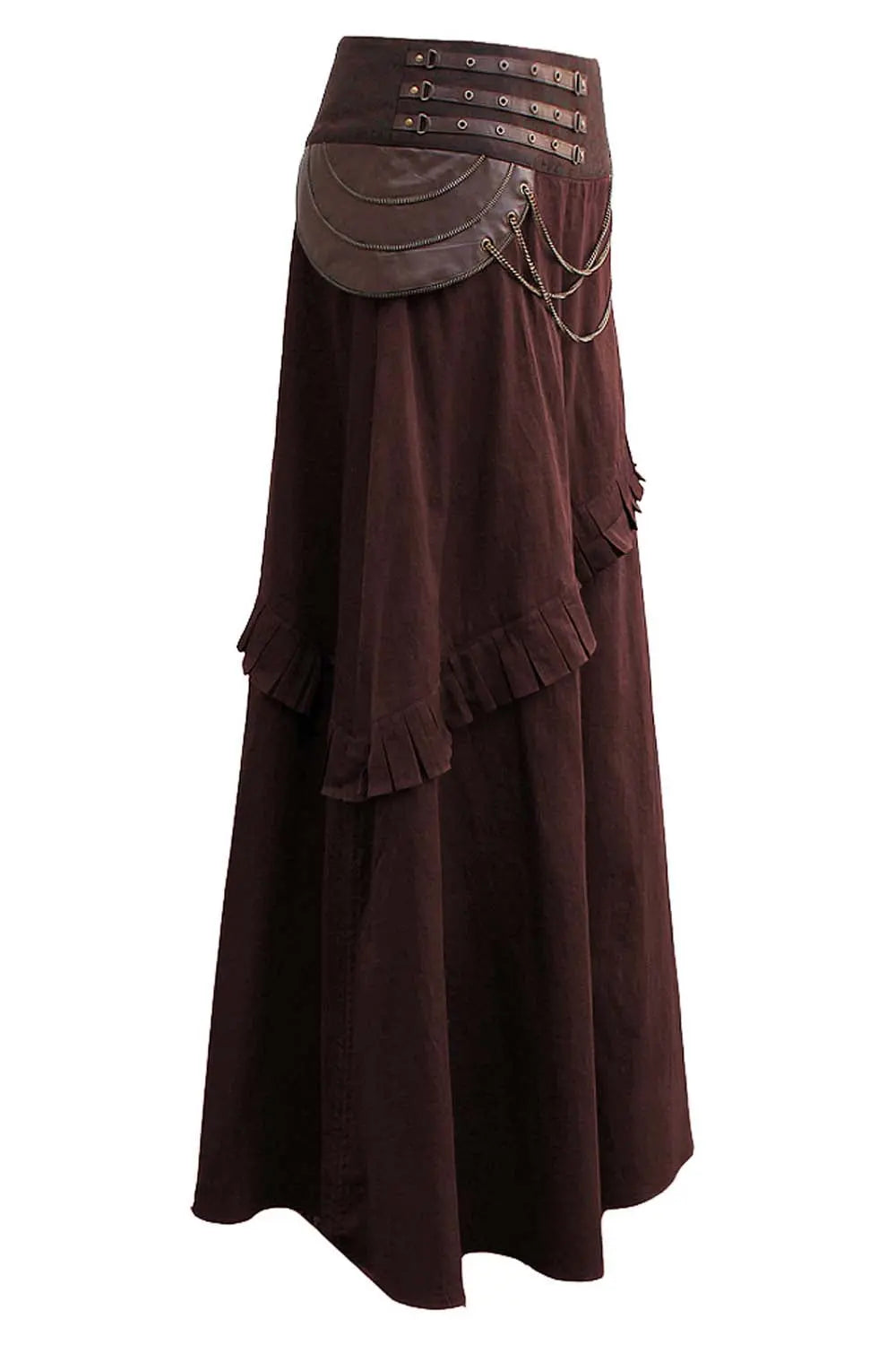 Maritza Brown Cotton Steampunk Skirt – Spódnica bawełniana w kształcie litery A z ozdobnymi łańcuchami