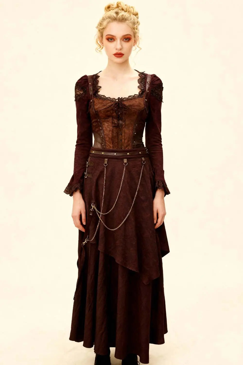 Debby Steampunk Cotton Layered Maxi Skirt – Bawełniana spódnica maxi z wycięciem typu high-low