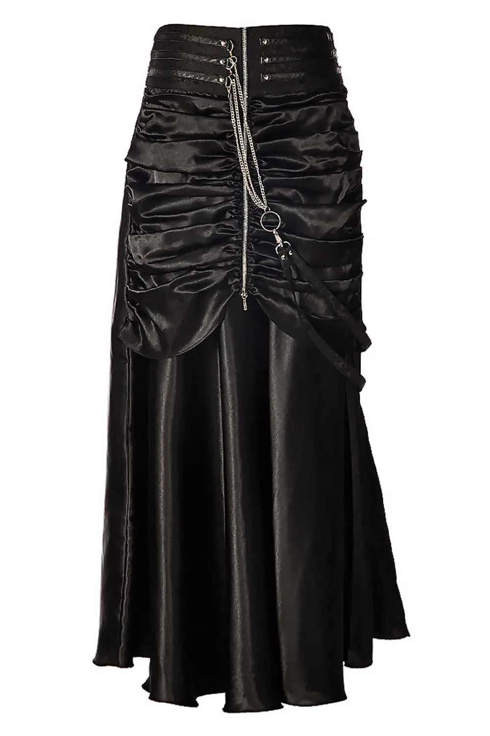 Jessie Black Satin Steampunk Bustle Skirt – Fustă Lungă Neagră cu Efect Corset