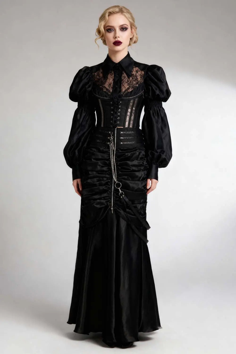 Jessie Black Satin Steampunk Bustle Skirt – Fustă Lungă Neagră cu Efect Corset
